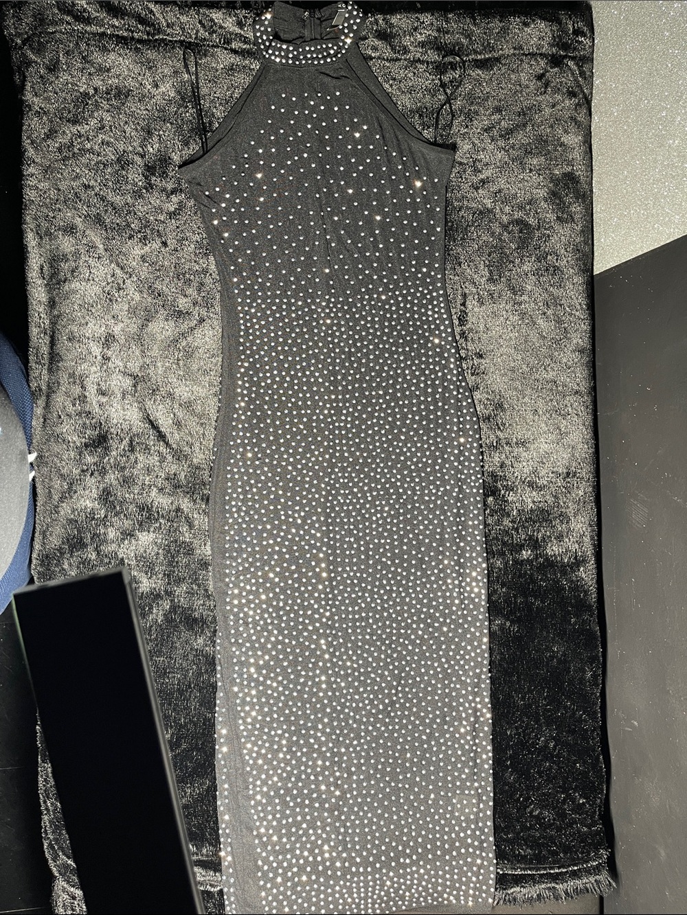 San Joy Black Rhinestone Halter Midi Dress